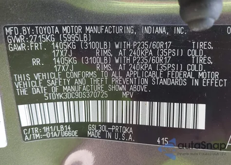 2013 Toyota Sienna Xle V6 8 Passenger z USA, uszkodzony, nr VIN 5TDYK3DC9DS370725